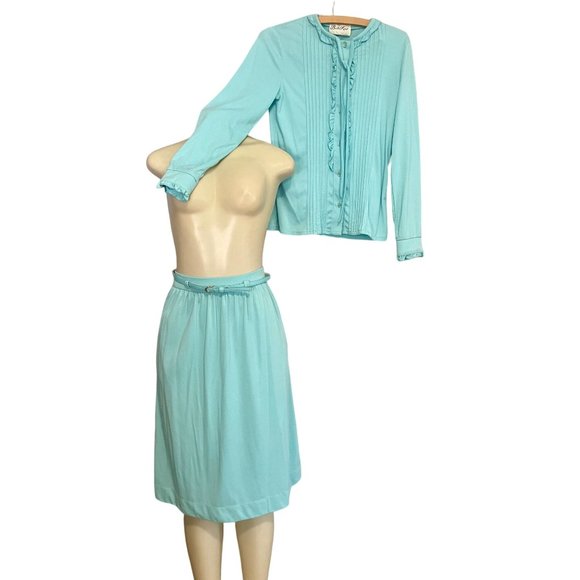 Vintage Blouse & Skirt set by Butte Knit of in Light Blue Size S 3 pieces 1970s. - Picture 6 of 10